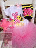 Baby Girl First Birthday Tutu Outfit -- Sweet As Can BEE -- bodysuit, leg warmers, tutu, bow in pink, yellow and black bumblebee theme - Darling Little Bow Shop