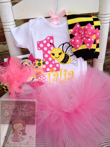Baby Girl First Birthday Tutu Outfit -- Sweet As Can BEE -- bodysuit, leg warmers, tutu, bow in pink, yellow and black bumblebee theme - Darling Little Bow Shop