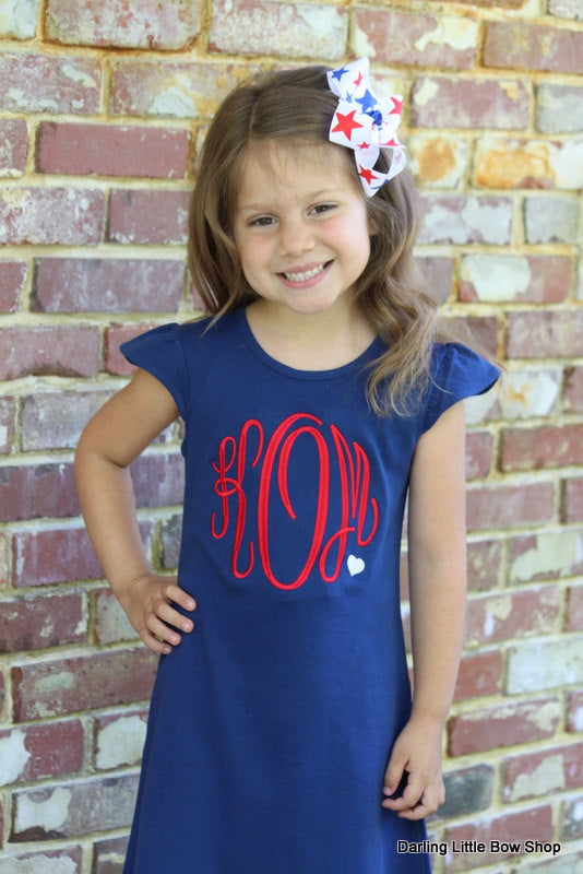 4th of July dress for girls, Navy dress with red monogram