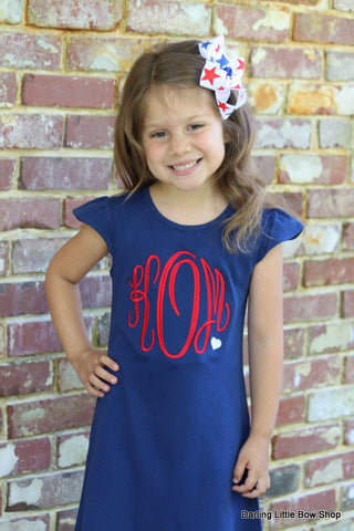 4th of July dress for girls, Navy dress with red monogram - Darling Little Bow Shop