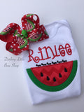 Watermelon shirt, tank top or bodysuit for girls -- Watermelon Picnic -- red and green applique with her name - Darling Little Bow Shop
