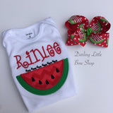 Watermelon shirt, tank top or bodysuit for girls -- Watermelon Picnic -- red and green applique with her name - Darling Little Bow Shop