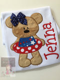 Girls shirt, tank top or bodysuit for 4th of July -- Summertime Sweetie -red, white and blue teddy bear - Darling Little Bow Shop