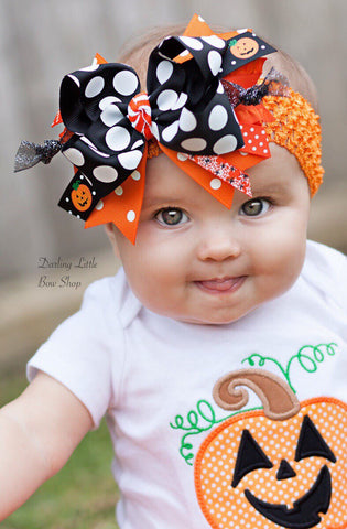 Over The Top bow for girls -- 'Happy Jack O Lantern' in orange and & black w/ glitter, chevron and polka dots - Darling Little Bow Shop