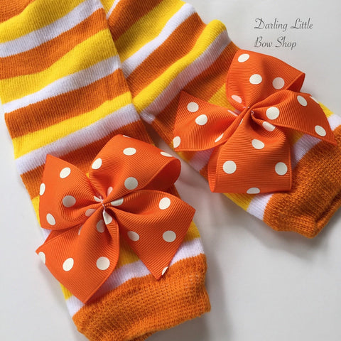 Candy Corn Leg Warmers for baby girls and newborns -- READY TO SHIP -- Halloween -- orange, yellow, white striped and polka dot - Darling Little Bow Shop