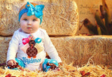 Baby Girl Thanksgiving Outfit, Color Pop Turkey, bodysuit, bow/headband and leg warmers - Darling Little Bow Shop