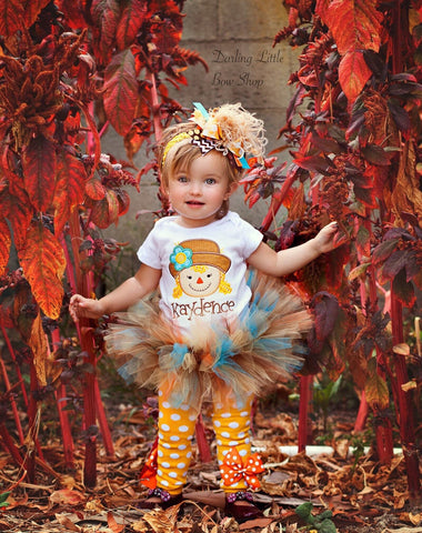 Girls Scarecrow Outfit, Baby Girl Halloween Outfit - Autumn Friend - bodysuit, tutu, leg warmers and bow - Darling Little Bow Shop