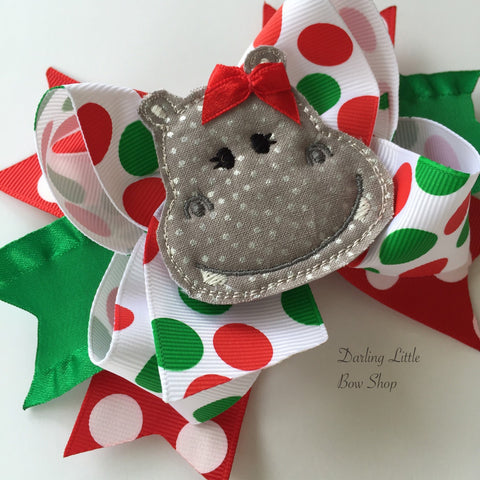 Hippo hairbow - I Want a Hippopotamus for Christmas -- red, green and gray hippo bow - Darling Little Bow Shop