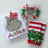 Hippo hairbow - I Want a Hippopotamus for Christmas -- red, green and gray hippo bow - Darling Little Bow Shop