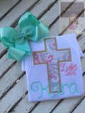 Easter Shirt or Bodysuit for girls -- He Is Risen -- Easter shirt with cross of Jesus and Luke 24:6 in beautiful pastels, aqua, pink, gold - Darling Little Bow Shop