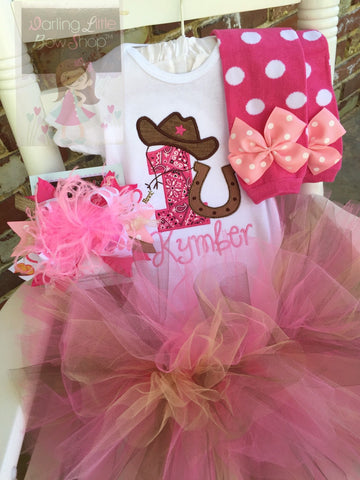 Cowgirl Birthday Outfit -- Her First Rodeo -- 1st birthday bodysuit, leg warmers, tutu, Over The Top bow in pinks and burlapand gold - Darling Little Bow Shop