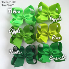 Green Bow, Green Hairbow -- CHOOSE from 6 shades -- Hunter, Emerald, Apple, Lime/Lemongrass, Lypple, Neon  -- 3" 4" 5" or 6" bow