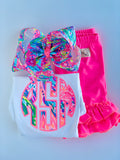 Lilly Monogram Girls shirt, ruffle shirt, tank or bodysuit - Fan Sea Pants neon pink, lime, blues - Darling Little Bow Shop