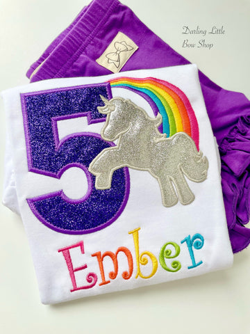 Silver and Rainbow Unicorn Rainbow Birthday Shirt or bodysuit - Darling Little Bow Shop