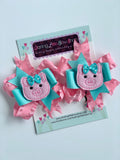 Pig hairbows in pink and aqua, choose single bow or pigtail set - Darling Little Bow Shop
