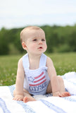 Boys Blue Seersucker American Flag Romper - Darling Little Bow Shop