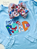 I love to READ Dr Seuss theme light blue ruffle shirt for girls - Darling Little Bow Shop