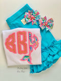 Lilly pigtail 3” bows in Fan Sea Pants print - Darling Little Bow Shop