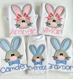 Easter Shirt or Bodysuit for girls -- Sister Rabbit -- Easter Bunny bodysuit or shirt -- gray and pastel pink bunny wearing bow - Darling Little Bow Shop