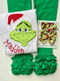 Girls Grinch face shirt or bodysuit for girls - red and green mean one - Darling Little Bow Shop