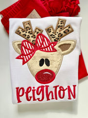 Girls Reindeer shirt with cheetah print antlers - girly rudolf shirt