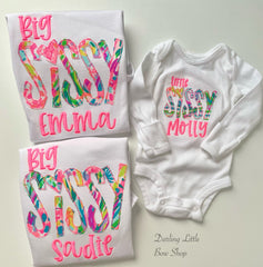 Big or Little Sissy Shirt, Sweatshirt or Bodysuit in bright lilly fabric