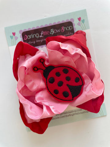 Love Bug Ladybug hairbow, red and pink ruffle bow - Darling Little Bow Shop