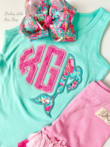 Aqua tank or ruffle shirt with Mermaid tail monogram - Darling Little Bow Shop