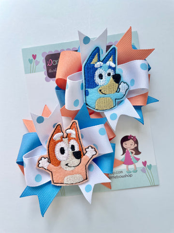 Bluey and Bingo pigtails hairbow set - Darling Little Bow Shop