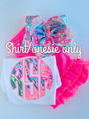 Lilly Monogram Girls shirt, ruffle shirt, tank or bodysuit - Fan Sea Pants neon pink, lime, blues