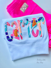 Exotic Garden shirt, name spelled out in Lilly Pulitzer print