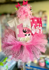 Ladybug First Birthday Tutu Outfit  -- Little Lady - Hot Pink, lime green and black - bow, leg warmers, tutu and bodysuit