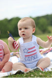 Boys Blue Seersucker American Flag Romper - Darling Little Bow Shop