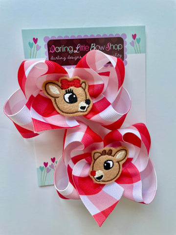 Rudolf and Clarice pigtail hairbows - Darling Little Bow Shop