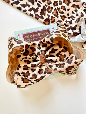 Oatmeal Leopard Bow - choose 3" 4" 5" 6" or 8" bow - Darling Little Bow Shop