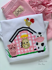 Pink Farm Barn shirt or bodysuit for girls with cow, horse, pig and rooster