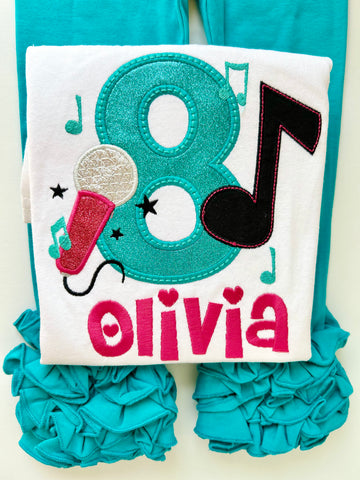 Music Theme Birthday Shirt in turquoise, hot pink, black and silver - Darling Little Bow Shop