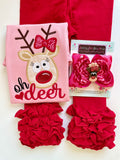 Pink Reindeer bow - fun 5” double stacked bow with girly reindeer center - Darling Little Bow Shop