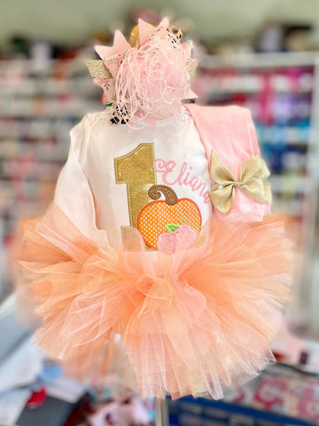 Pumpkin First birthday Tutu outfit in pink and gold floral design - Darling Little Bow Shop