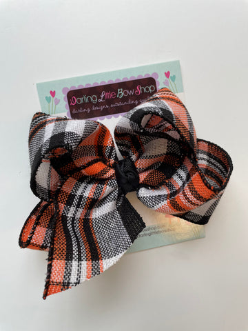 Black, Orange and White plaid 5" hairbow for Halloween - Darling Little Bow Shop