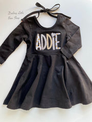 Silver and Gold long sleeve Black Dress - choose twirly dress or ruffle detail