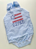 Boys Blue Seersucker American Flag Romper - Darling Little Bow Shop