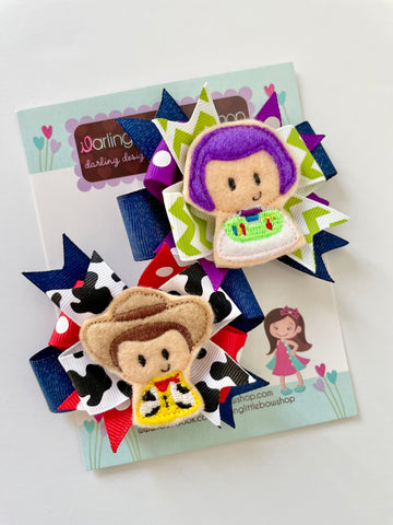 Buzz and Woody pigtail hairbows - Darling Little Bow Shop