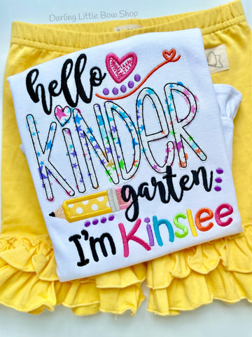 Girls School Shirt - hello Kindergarten shirt - Darling Little Bow Shop