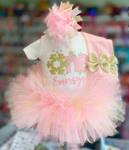 First Birthday tutu outfit, pink and gold Winter ONEderland - Darling Little Bow Shop