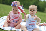 Boys Blue Seersucker American Flag Romper - Darling Little Bow Shop