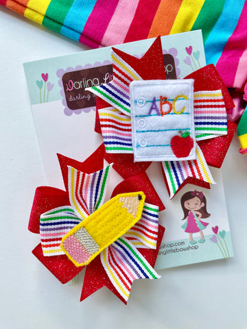 Back to School Pigtail Bows - Pencil N Paper - sweet piggies set with red ruffle and rainbow ribbons - perfect for kindergarten or preschool - Darling Little Bow Shop