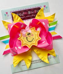 Sunshine Bow - You Are My Sunshine - Hot pink, yellow and aqua hairbow with adorable sun center