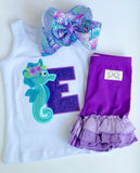Seahorse Girls shirt, ruffle shirt, tank or bodysuit - Purple and Aqua beautiful Seahorse top - Darling Little Bow Shop
