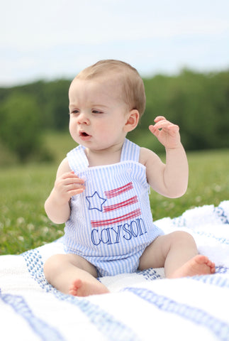 Boys Blue Seersucker American Flag Romper - Darling Little Bow Shop